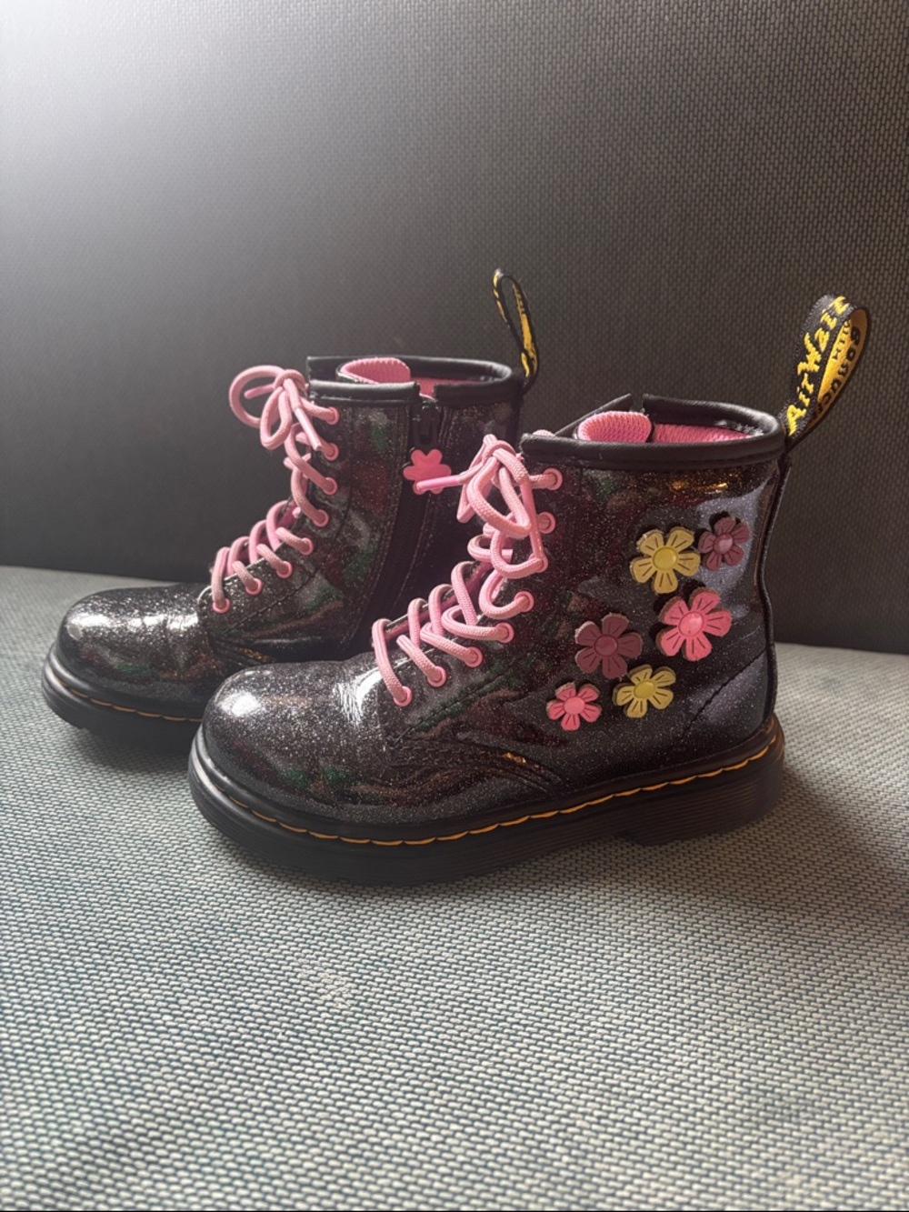 Dr. Martens Black Glitter Floral Lace-Up Boots with Pink Laces
